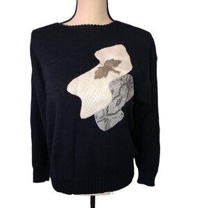 Vintage 80’s Womens Sweater Size M Leather Snake Long Sleeve Black Hong Kong